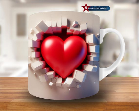 3D Heart Hole in a Wall Mug Wrap, 11oz & 15oz Mug Template, Valentine Mug Sublimation Design, Coffee Mug Wrap Template, Digital Download PNG