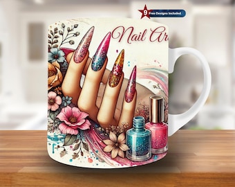 Envoltura para taza con diseño de uñas, plantilla para taza de 11 oz y 15 oz, diseño de sublimación para taza de maquillaje, plantilla para envoltura de taza de artista, descarga instantánea PNG, esmalte de uñas