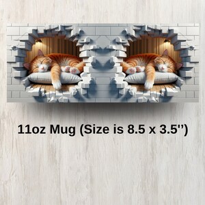 May include: A white ceramic mug with a 11oz capacity. The mug features a graphic of two orange tabby cats sleeping in a hole in a brick wall. The mug is 8.5 inches wide and 3.5 inches tall. "11oz Mug (Size is 8.5 x 3.5")" is printed on the bottom of the mug.