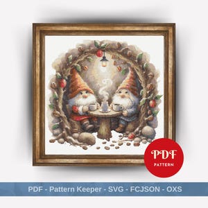 Gnomes Drink Coffee Cross Stitch Pattern, Gnome Embroidery Pattern, Embroidery Design, Cross Stitch PDF Pattern File, Digital download