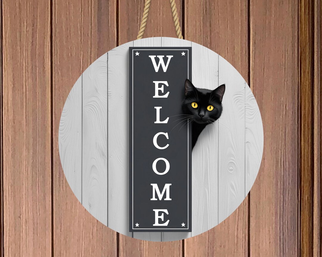 Black Cat Welcome Sign PNG, Rustic Farmhouse Door Hanger, Round Png ...