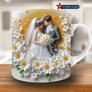 Emballage de tasse de mariage 3D, modèle de tasse 11 oz et 15 oz, conception de sublimation de tasse de mariée, modèle d'emballage de tasse de marié, téléchargement numérique instantané PNG, cadeau de mariée