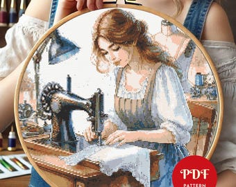 Girl Sewing Cross Stitch Pattern, Female Embroidery Design, Woman Needlepoint Chart, Flowers Cross Stitch PDF Pattern, Instant Download, DIY