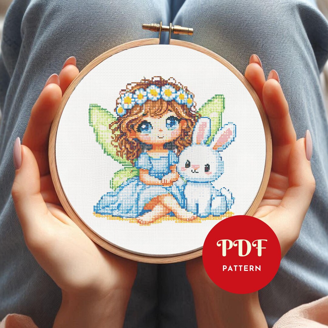 かわいい妖精とウサギのクロスステッチ図案、神秘的な刺繍デザイン