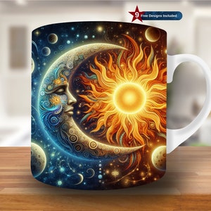 May include: White ceramic mug with a colorful design of a crescent moon with a face and a sun with rays. The background is a dark blue with stars and planets.