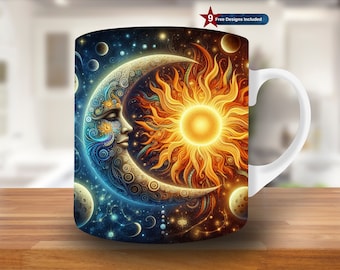 Celestial Moon and Sun Mug Wrap, 11oz & 15oz Mug Template,Space Mug Sublimation Design,Coffee Mug Wrap Template,Instant Digital Download PNG