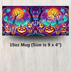 May include: A 15oz mug with a colourful design featuring a spooky Halloween scene with jack-o'-lanterns, ghosts, and trees. The mug is 9 inches wide and 4 inches tall.
