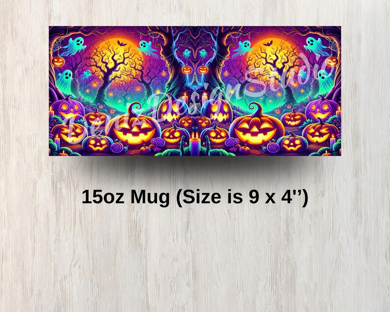 May include: A 15oz mug with a colourful design featuring a spooky Halloween scene with jack-o'-lanterns, ghosts, and trees. The mug is 9 inches wide and 4 inches tall.