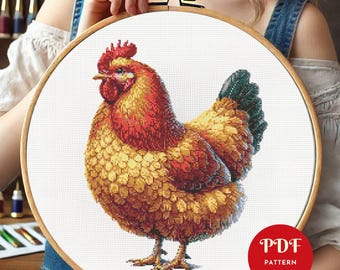 かわいい鶏のクロスステッチパターン、農家の動物刺繍PDF、カントリー