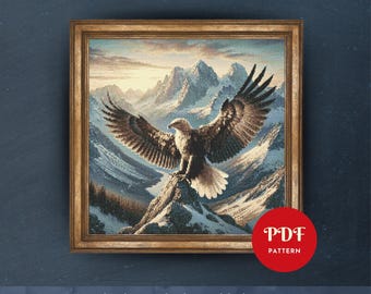 Schema per punto croce Aquila tra le montagne, Disegno di ricamo di uccello maestoso, Schema per punto croce, Schema PDF per punto croce facile, Download immediato, Fai da te