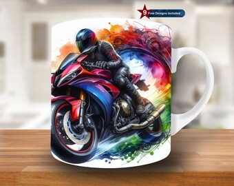 Envoltura de taza con diseño de motociclista 3D en la pared, plantilla de taza de 325 ml y 400 ml, diseño de sublimación de taza, plantilla PNG, descarga digital, acuarela