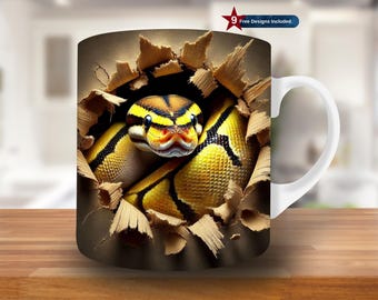 3D Snake Hole in a Wall Mug Wrap, 11oz & 15oz Mug Template, Reptile Mug Sublimation Design, Python Mug Wrap Template, Digital Download PNG