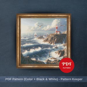 Lighthouse Seaside Cross Stitch Pattern, Ocean Embroidery Design, Needlepoint Chart, Easy Cross Stitch PDF Pattern, Instant Download, DIY