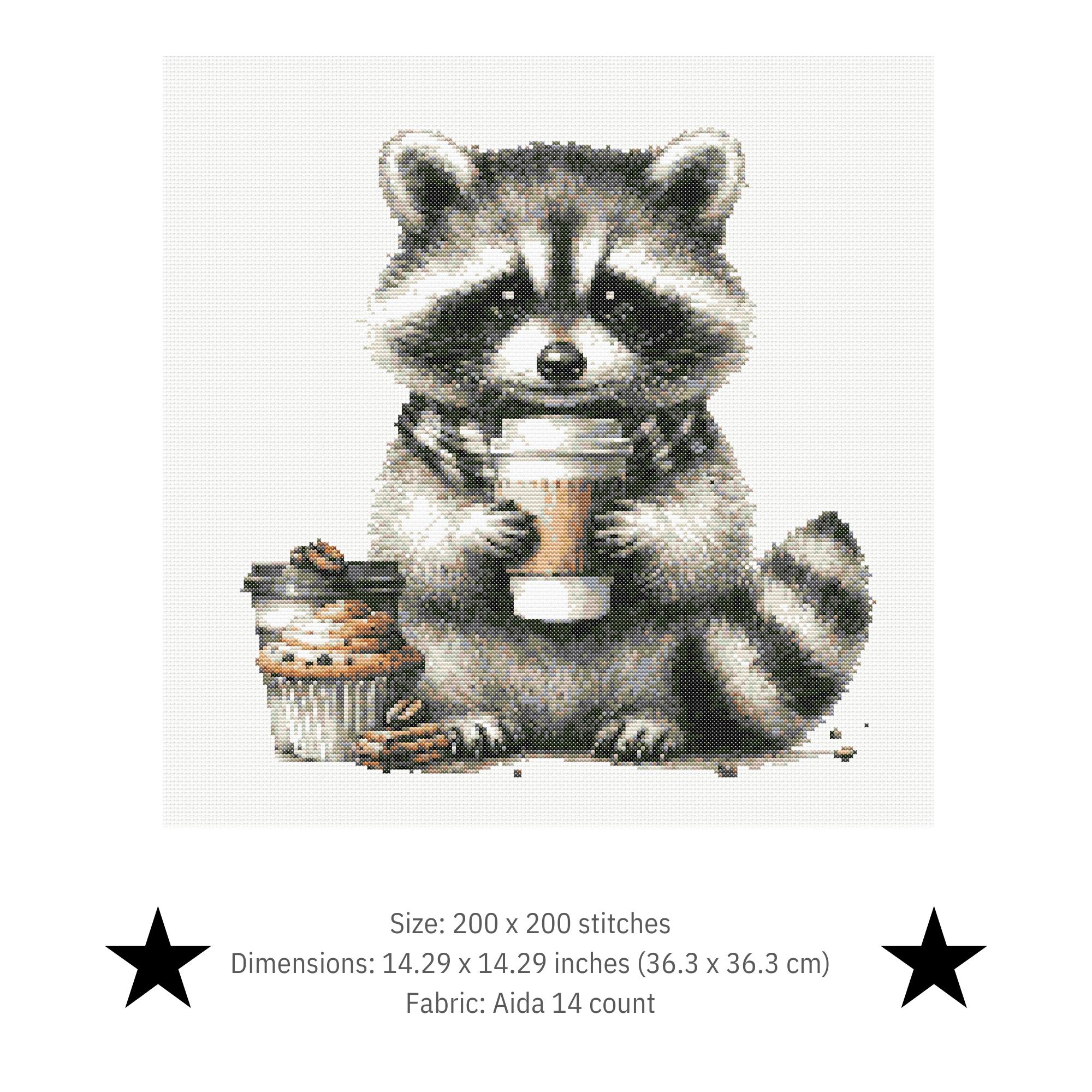 アライグマがコーヒーを飲むクロスステッチパターン（PDF）、面白い
