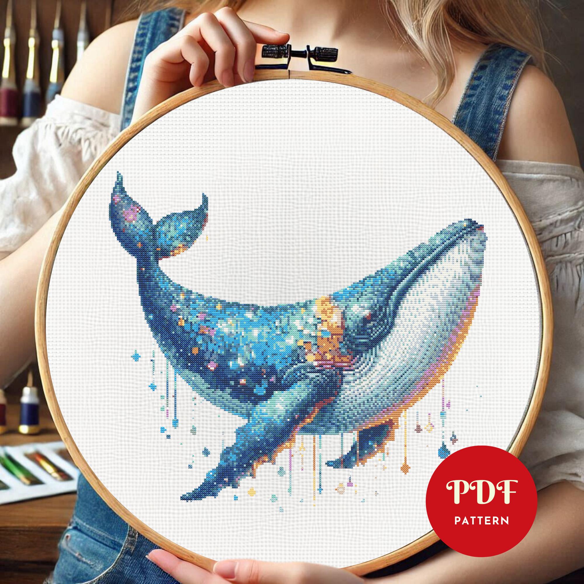 クジラとサンゴの刺繍タペストリー クジラのクロスステッチ図案、海の動物の刺繍デザイン、ギャラクシー
