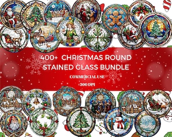 400+ Weihnachtsrundes Glasmalerei-Bundle PNG - Hohe Auflösung - Kommerzielle Nutzung, Digitalpapier, Glasmalerei, Faux Buntglas