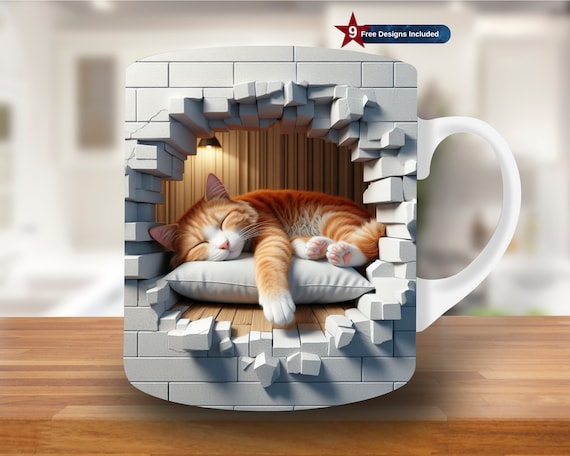 3D Sleeping Cat Hole In A Wall Mug Wrap, 11oz & 15oz Mug Template,Cat Mug Sublimation Design, Mug Wrap Template PNG, 3D Cat Mug Press Design