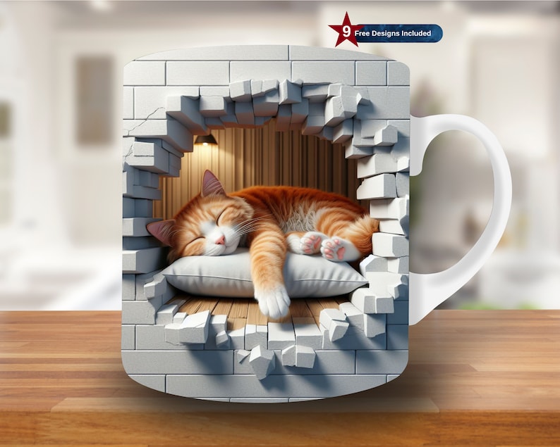 May include: White ceramic mug with a 3D design of a brick wall with a hole in it. A ginger cat is sleeping inside the hole on a white pillow.