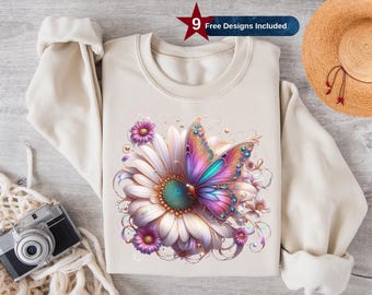 3D Pink Butterfly on Flower Png, Sublimation Design, Floral Png, Clipart,Butterfly Png Colorful Png, T-Shirt Design,Instant Download Png,DTF