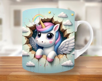 3D Unicorn Hole In A  Wall Mug Wrap, 11oz & 15oz Mug Template, Pink Mug Sublimation Design, Mug Wrap Template PNG, Valentines day, mug wrap