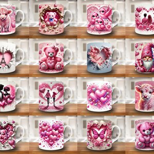 May include: Set of 10 pink and white ceramic mugs with various Valentine's Day themed designs. The designs include hearts, flowers, animals, and abstract patterns.
