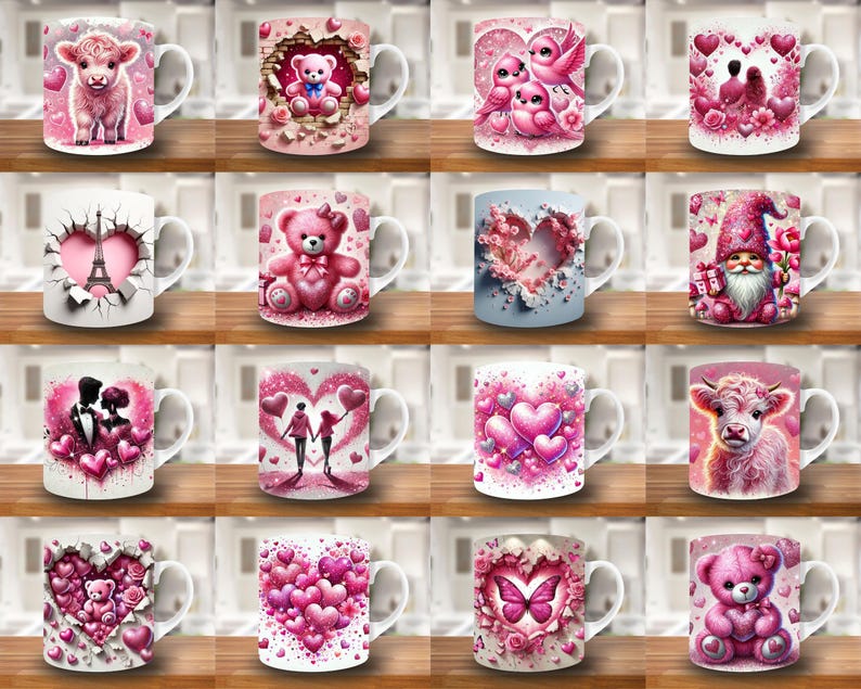 May include: Set of 10 pink and white ceramic mugs with various Valentine's Day themed designs. The designs include hearts, flowers, animals, and abstract patterns.