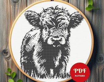 Highland Kuh Kreuzstichmuster, Bauernhof Tier Stickerei Design, rustikale Nadelstich Vorlage, einfaches Kreuzstich PDF Muster, sofort Download, DIY