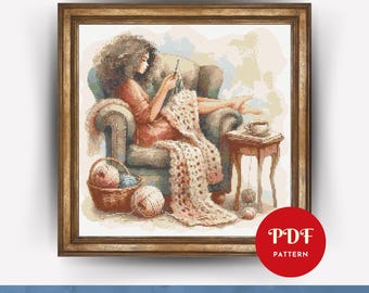 Knitting Woman  Cross Stitch Pattern PDF, Girl Design (Pattern Keeper Compatible, Instant Download)
