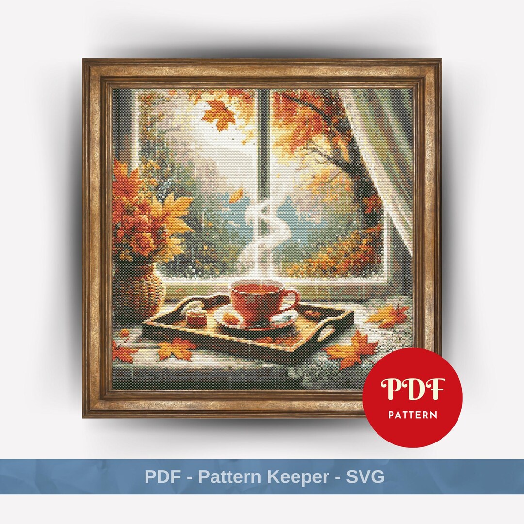 Autumn Cross Stitch Pattern, Fall Window Embroidery Design, Rainy Day ...