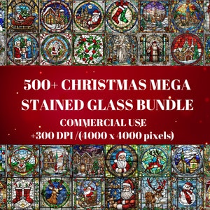 Kerst-gebrandschilderd glas PNG-bundel – hoge resolutie, commercieel gebruik (digitale download)