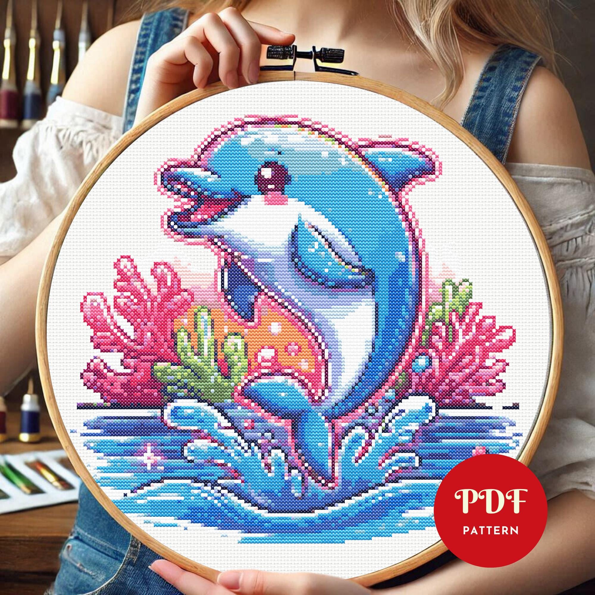 イルカのクロスステッチパターン、夏の刺繍パターン、海の刺繍デザイン