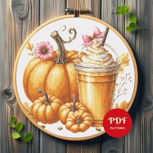 Pumpkin Latte Cross Stitch Pattern, Autumn Embroidery Design, Fall Needlepoint Chart, Easy Cross Stitch PDF Pattern, Instant Download, DIY
