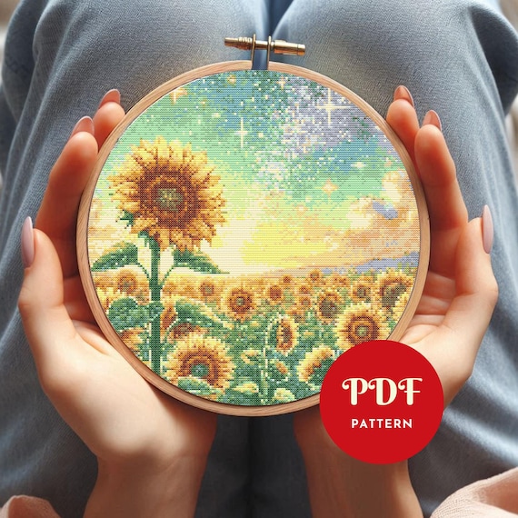 ひまわり畑のクロスステッチパターン、花の刺繍デザイン、花のニードル