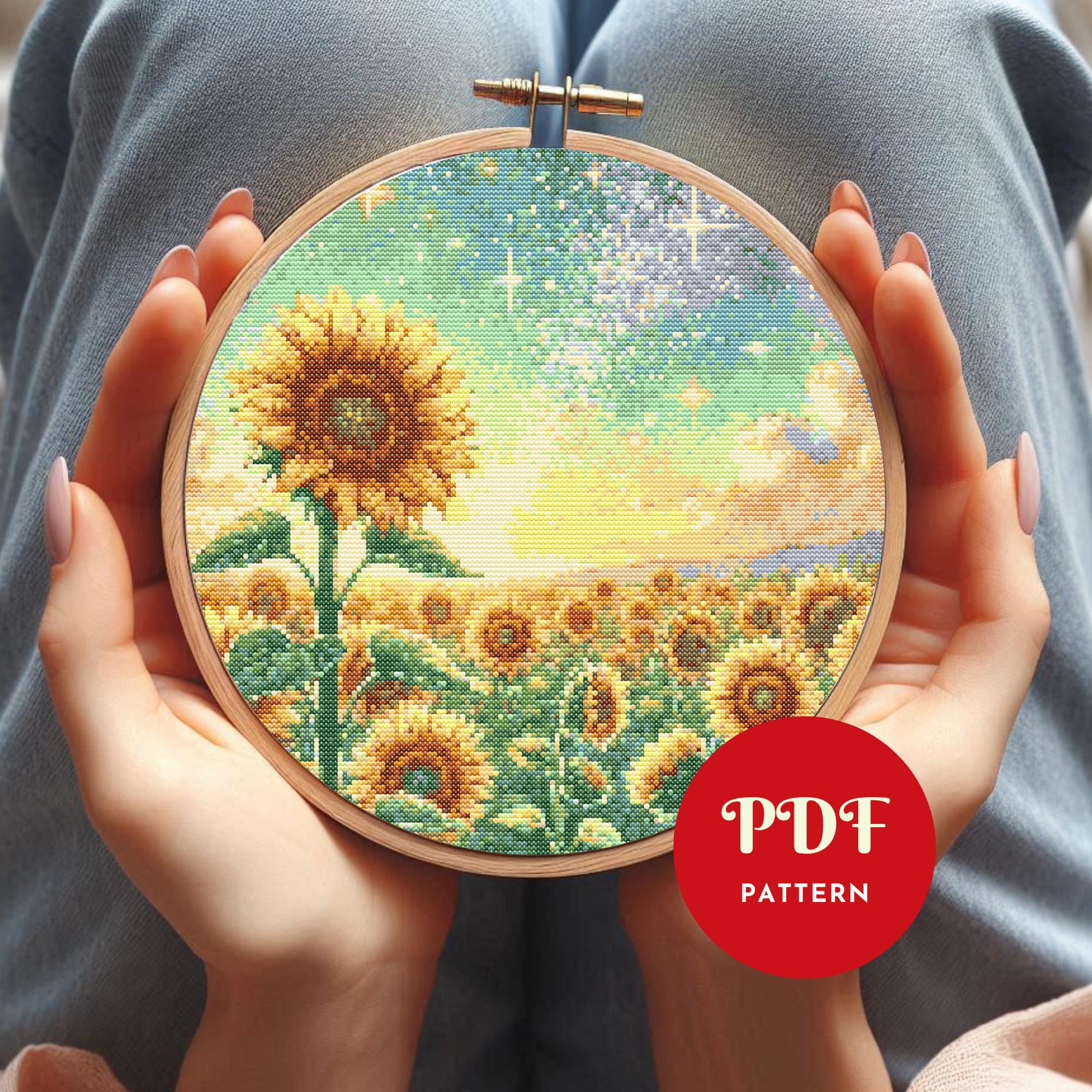 ひまわり畑のクロスステッチパターン、花の刺繍デザイン、花のニードル