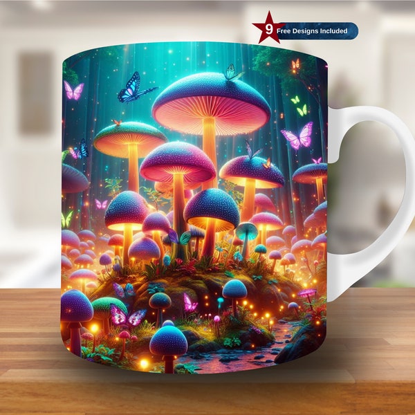 3D Mushroom Paradise in Forest Mug Wrap, 11oz & 15oz Mug Template, Mug Sublimation Design, Mug Wrap Template, Instant Digital Download PNG