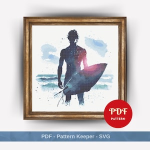 Puede incluir: Una pintura digital de una silueta de una persona sosteniendo una tabla de surf en una playa con olas de acuarela azul y blanca en el fondo.