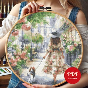 Girl Walking With Dog Cross Stitch Pattern, Female Embroidery Design, Woman Needlepoint Chart, Cross Stitch PDF Pattern,Instant Download,DIY