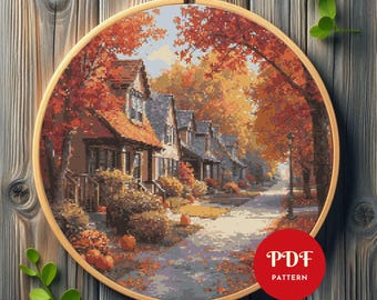 Autumn Street Cross Stitch Pattern, Fall Houses Embroidery Design, Needlepoint Chart, Easy Cross Stitch PDF Pattern, Instant Download, DIY