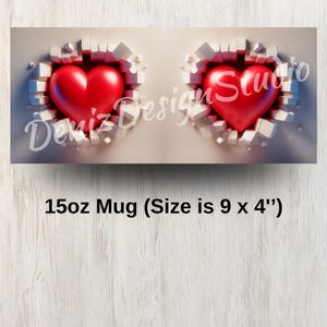 May include: A white ceramic mug with two red hearts breaking through the surface. The mug is 15oz and measures 9 inches by 4 inches.