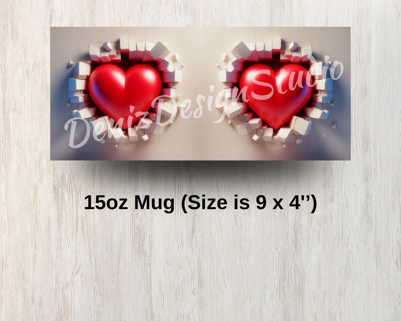 May include: A white ceramic mug with two red hearts breaking through the surface. The mug is 15oz and measures 9 inches by 4 inches.