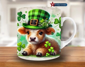 Highland Cow St. Patricks Day Mug Wrap, 11oz & 15oz Mug Template, Pattys Mug Sublimation Design,Lucky Mug Wrap Template,Instant Download Png