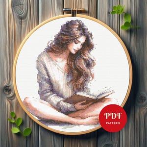 Girl Reading Book Cross Stitch Pattern, Female Embroidery Design, Woman Needlepoint Chart,Easy Cross Stitch PDF Pattern,Instant Download pdf