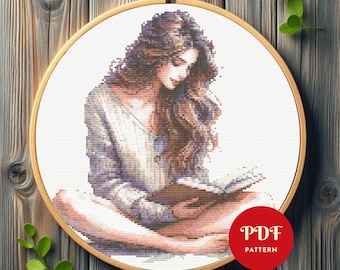 ビンテージ刺繍キルト(スーちゃん他) 172×180位　刺繍部分20角×32個 本を読む女の子のクロスステッチパターン、女性向け刺繍デザイン、女性