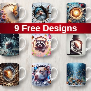 May include: Nine white ceramic mugs with various designs, including a butterfly, a gnome, a baseball, a raccoon, a ship in a bottle, a dog, and an underwater scene. The mugs have a white handle and the text "9 Free Designs" in red.