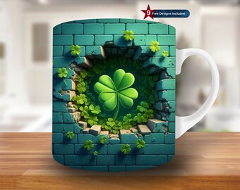3D Clover Mug Wrap, 11oz & 15oz Mug Template, St Patrick's Day Mug Sublimation Design, Mug Wrap Template, Instant Digital Download PNG