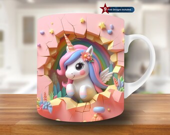 3D Unicorn Hole In A  Wall Mug Wrap, 11oz & 15oz Mug Template, Mug Sublimation Design, Mug Wrap Template PNG, Valentines day, pink mug wrap