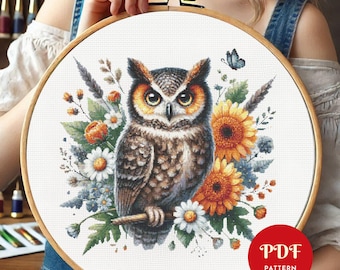 3D Owl Cross Stitch Pattern PDF, Floral Embroidery (Pattern Keeper Compatible, Instant Download)
