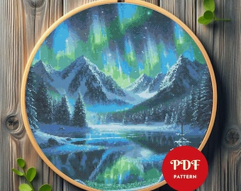 Northern Lights Cross Stitch Pattern, Aurora Borealis Embroidery Design,Needlepoint Chart,Easy Cross Stitch PDF Pattern,Instant Download,DIY