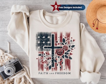 Faith and Freedom PNG, Patriotic Christian Sublimation Design, Cross with Roses Clipart, 4th of July Shirt Graphic, American Flag Print, DTF