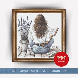 Girl Reading Book Cross Stitch Pattern, Girl Embroidery Stitch Pattern, Woman Embroidery, Cross Stitch PDF Pattern File, Digital download